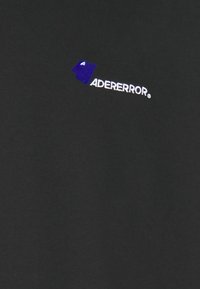 T-shirt noir en coton avec un col rond, ornée d'un graphique bleu et d'un texte blanc "ADERERROR" brodé sur le devant.