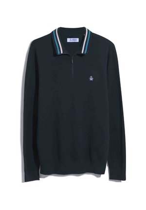 Donker marineblauwe longsleeve polo met een halve ritssluiting bij de kraag. Voorzien van een gestreepte kraag in teal en wit. Klein logo op de borst. Zachte gebreide stof.