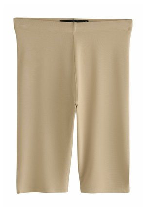 Beżowe, elastyczne spodenki kolarskie sięgające do kolan z wysokim paskiem i starannie przeszytymi szwami.