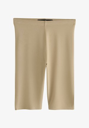 Beżowe, elastyczne spodenki kolarskie sięgające do kolan z wysokim paskiem i starannie przeszytymi szwami.