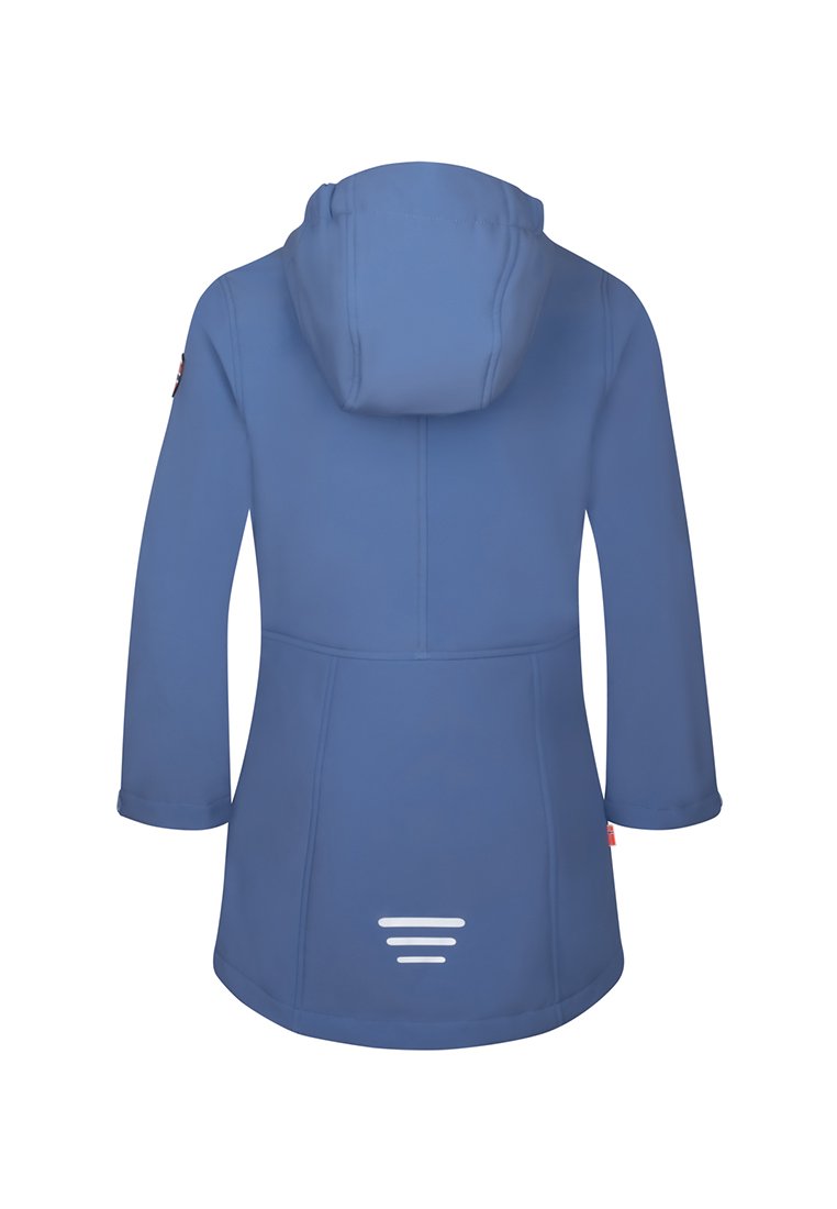 Blaue wasserdichte Jacke mit Kapuze, langen Ärmeln, geradem Schnitt und reflektierenden Streifen am Saum für bessere Sichtbarkeit.
