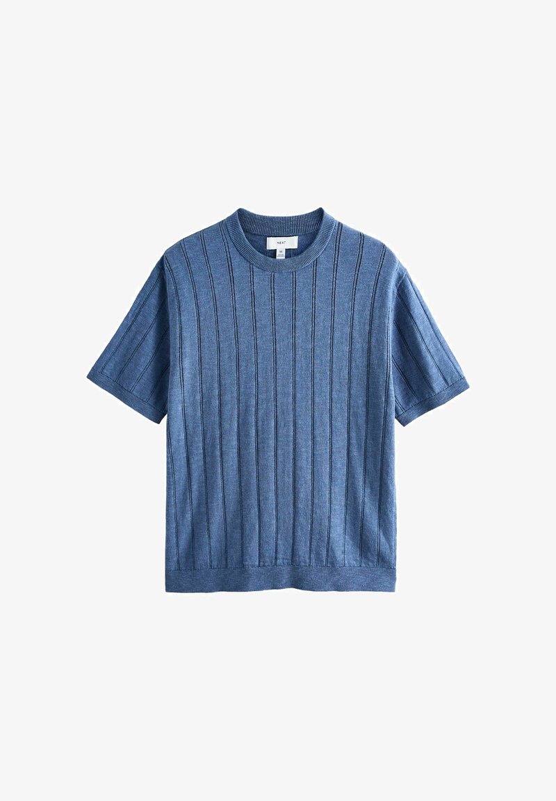 Pull en maille bleu à manches courtes avec motif côtelé vertical et encolure ronde, présenté à plat sur fond blanc.