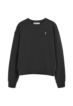 Czarna bluza crewneck z długimi rękawami i małym białym logo golfisty na górnej lewej stronie klatki piersiowej.
