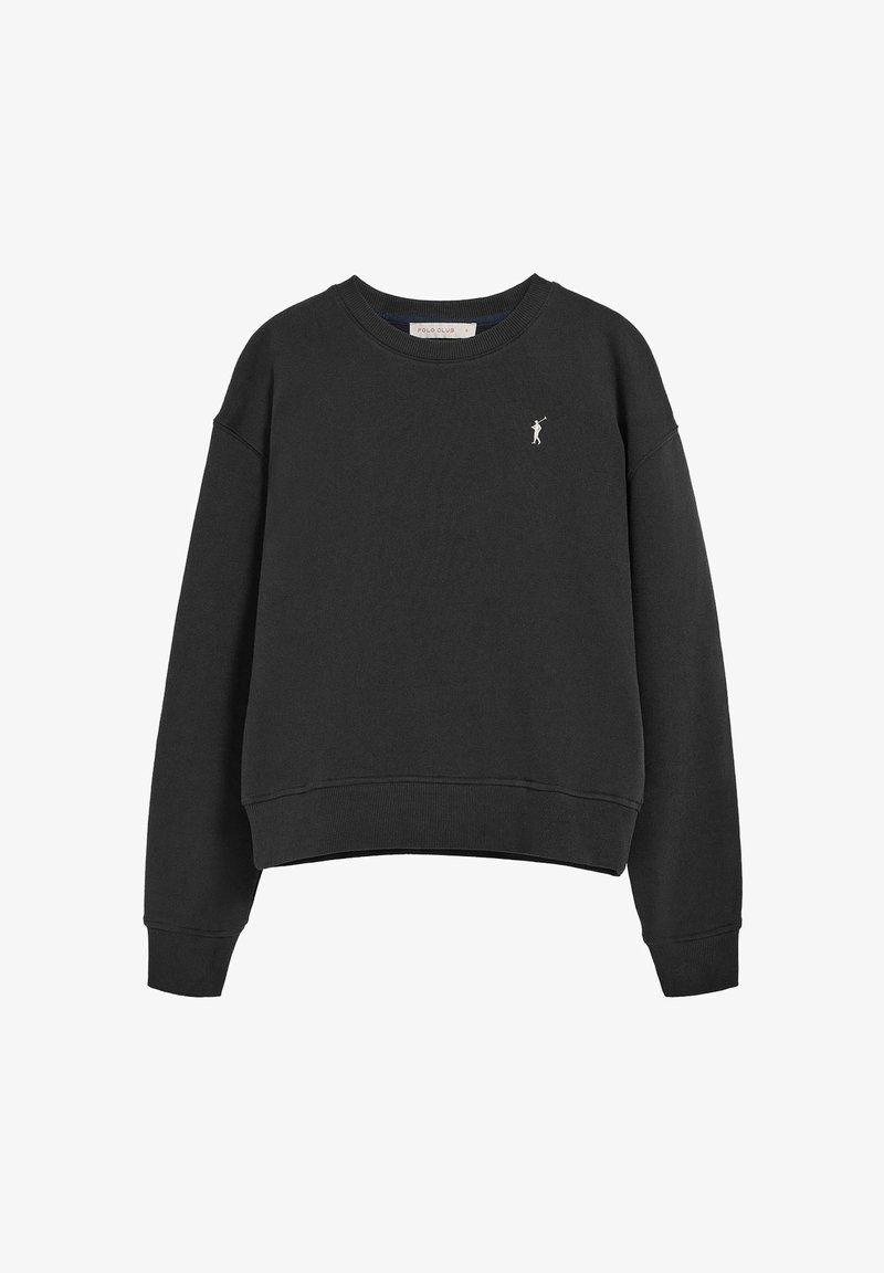 Sweat-shirt noir à col rond, manches longues, avec petit logo blanc de golfeur sur la partie supérieure gauche de la poitrine.