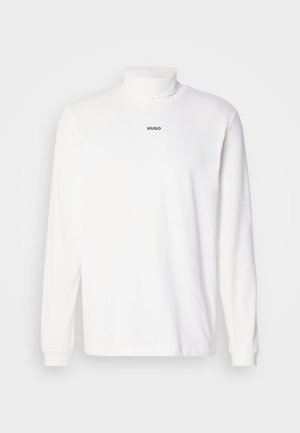 White long-sleeve turtleneck shirt made of soft fabric, featuring a subtle black "HUGO" logo on the front, with fitted cuffs.
