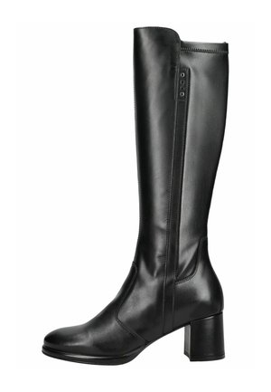 Botte en cuir noire montant jusqu'au genou avec talon bloc et bout rond, avec une fermeture éclair latérale et une finition lisse.