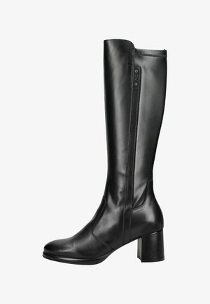 Botte en cuir noire montant jusqu'au genou avec talon bloc et bout rond, avec une fermeture éclair latérale et une finition lisse.
