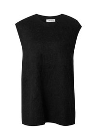 Black sleeveless top made from felted material. Features a round neckline and an oversized fit with wide shoulder design.