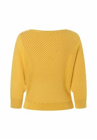 Gelber Pullover mit lockerer Passform, weitem Ausschnitt und einem Netzdesign mit großen Löchern. Rippbündchen am Saum und den Ärmeln vervollständigen den Look.