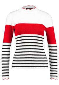 Pull à manches longues rayé rouge et blanc avec une texture côtelée, présentant un col festonné et des rayures horizontales noires sur le corps.