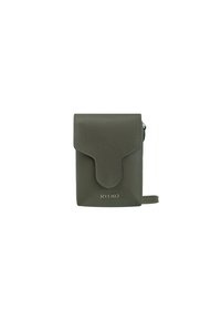 Custodia per smartphone in pelle verde con chiusura a patta adattata, logo impresso e una tracolla per il trasporto. Texture liscia con bordi arrotondati.