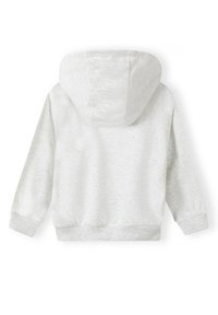 Sudadera gris claro con un acabado texturizado, que presenta una capucha suave, puños acanalados y un dobladillo recto. La vista trasera muestra un diseño sin costuras.