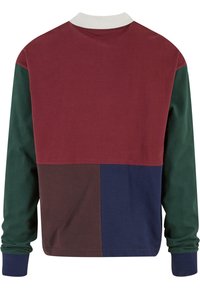 Letvægts langærmet sweatshirt med et farveblock-design i burgunderrød, grøn, marineblå og mørkebrun. Hvid krave og tekstureret stof.