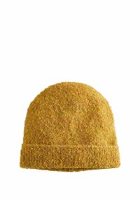 Gelbe Wollmütze mit strukturierter Oberfläche und umgeschlagenem Saum. Der Stoff wirkt weich und warm und zeigt einen reichen, warmen Farbton mit subtilen Variationen.