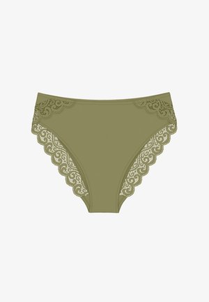 Alyvuogių žalios spalvos moteriškos kelnaitės su nėrinių apvadais su banguotais kraštais ir išrašytais gėlių raštais juosmens ir kojų apjuosimų srityje.