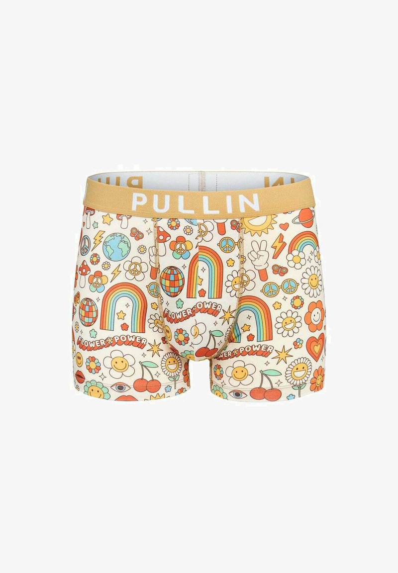 Boxers pour hommes avec un fond crème, ornés de motifs colorés de fleurs, de signes de paix, d'arcs-en-ciel et de visages souriants. Ceinture dorée "PULLIN".