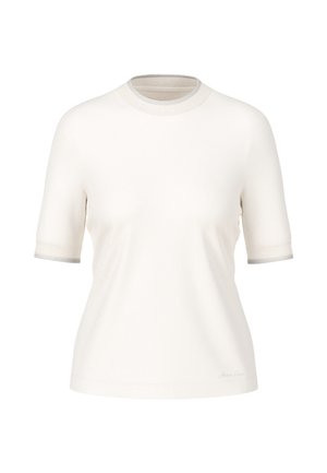 Short-sleeve, crew-neck t-shirt in light cream with contrasting gray trim at the neckline and sleeves. Smooth texture, simple design.