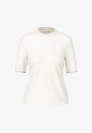 Short-sleeve, crew-neck t-shirt in light cream with contrasting gray trim at the neckline and sleeves. Smooth texture, simple design.