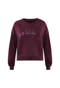 Felpa a maniche lunghe color bordeaux con polsini e orlo a costine, caratterizzata dal logo "MEXX" in paillettes sul petto.