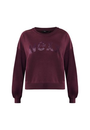 Felpa a maniche lunghe color bordeaux con polsini e orlo a costine, caratterizzata dal logo "MEXX" in paillettes sul petto.