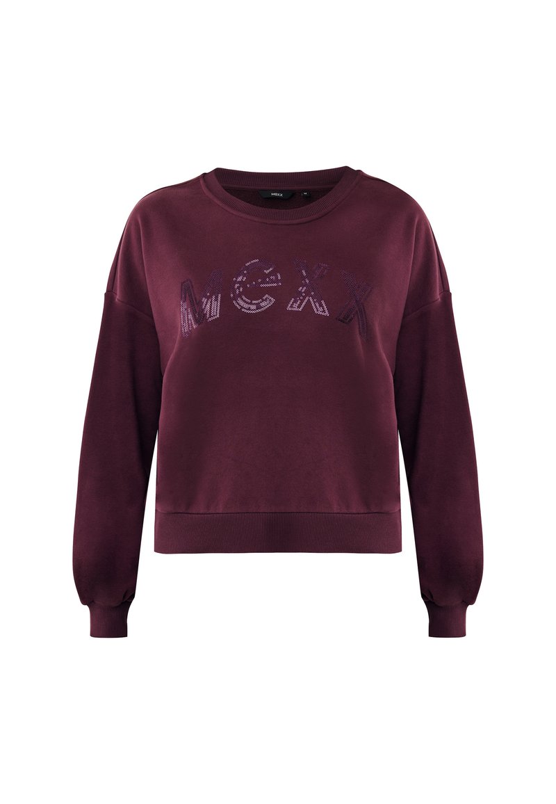 Bordeaux langärmelige sweatshirt met geribbelde manchetten en zoom, met het "MEXX" pailletten logo over de borst.