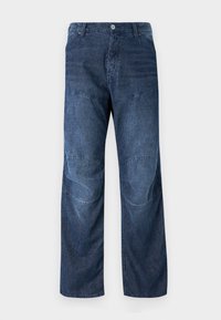 Blue denim cargo pants with horizontal stripe pattern, loose fit, reinforced knees, five pockets, and a button closure.