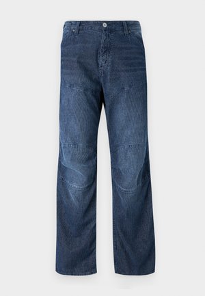 Blå denim cargo-byxor med horisontellt randmönster, lös passform, förstärkta knän, fem fickor och knappstängning.