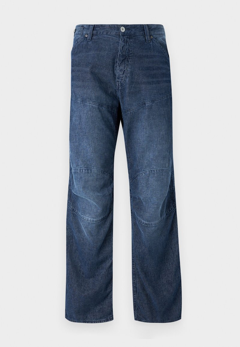 Pantalones cargo de mezclilla azul con un patrón de rayas horizontales, corte holgado, rodillas reforzadas, cinco bolsillos y cierre de botón.