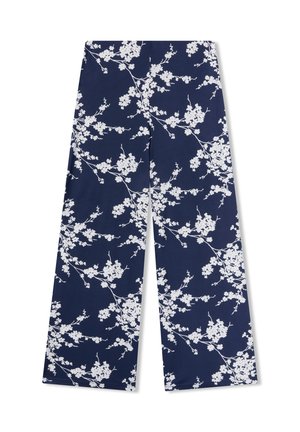Pantaloni larghi di colore navy realizzati in un tessuto con un motivo floreale bianco composto da rami e fiori. Texture morbida e design leggero.