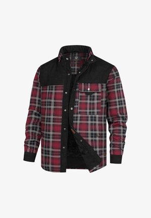 Camisa de cuadros con una combinación de colores en rojo y negro, acentos de pana oscura en los hombros y los bolsillos, botones a presión y un forro suave.