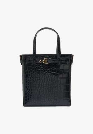 Czarna torebka tote wykonana ze skóry z wytłoczonym wzorem krokodyla, z dwoma krótkimi uchwytami, złotymi detalami, prostokątnym kształtem i zbudowaną konstrukcją.