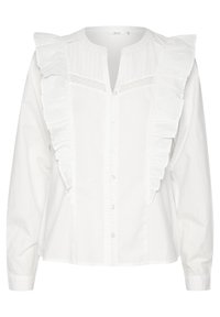 White cotton blouse featuring a ruffled front, button closure, round neck, and delicate lace accents on the shoulders and chest.