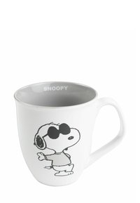 Ceramic mug with a white exterior, gray interior, featuring a black illustration of Snoopy wearing sunglasses. Text "SNOOPY" printed inside.