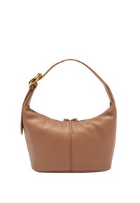 Borsa a mano in pelle marrone con una silhouette curva, un manico superiore singolo e hardware in tonalità oro. Presenta una chiusura con zip e una finitura testurizzata.