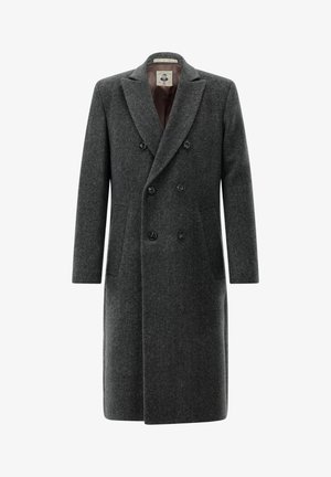 Dunkelgrauer, doppelt geknöpfter Wollmantel mit Kerbkragen, langen Ärmeln, Seitentaschen und Knopfreihe vorne.