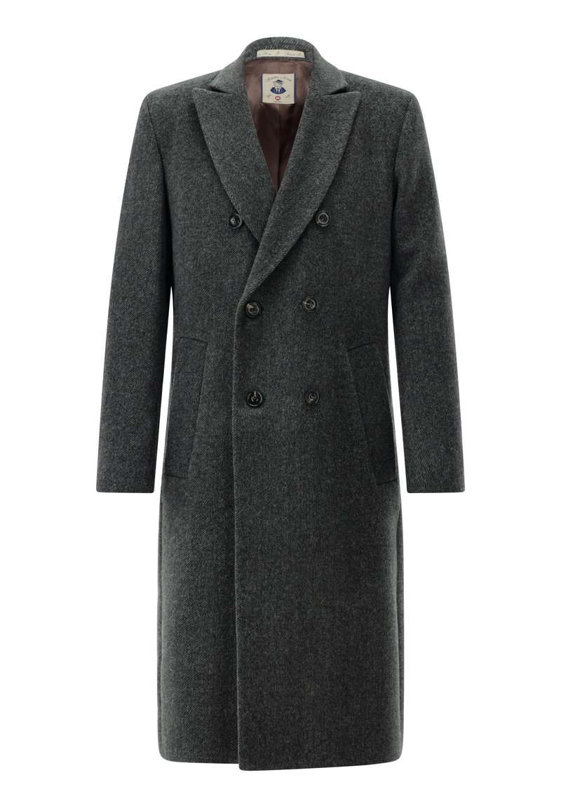 Dunkelgrauer, doppelt geknöpfter Wollmantel mit Kerbkragen, langen Ärmeln, Seitentaschen und Knopfreihe vorne.