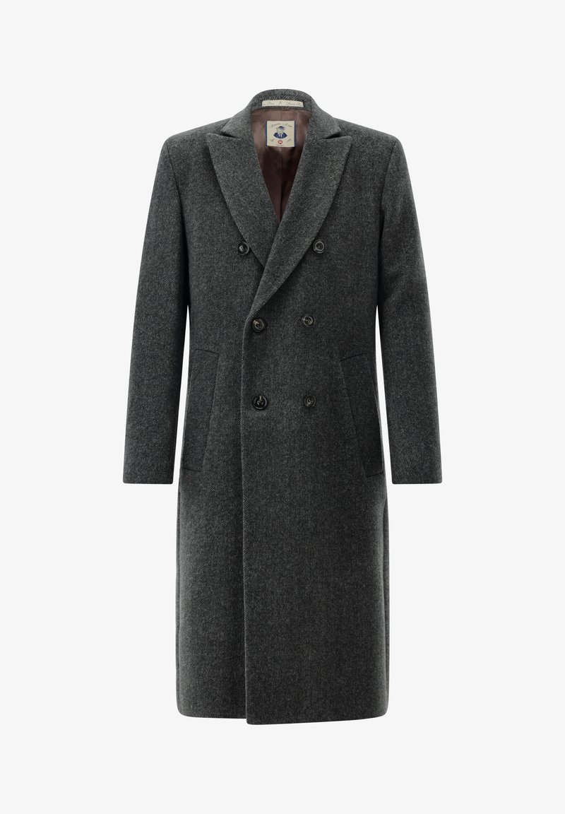 Dunkelgrauer, doppelt geknöpfter Wollmantel mit Kerbkragen, langen Ärmeln, Seitentaschen und Knopfreihe vorne.