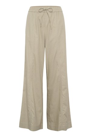 Beige vide bukser laget av et lett stoff, med elastisk midjebånd med snøring og sidelommer. Glatt tekstur, minimalistisk design.
