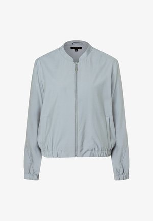 Chaqueta bomber gris claro con cremallera frontal, puños y dobladillo elásticos, y dos bolsillos laterales.