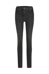 Zwarte skinny jeans met knoop- en ritssluiting, vijf zakken waaronder twee voorzakken met kleine studs.