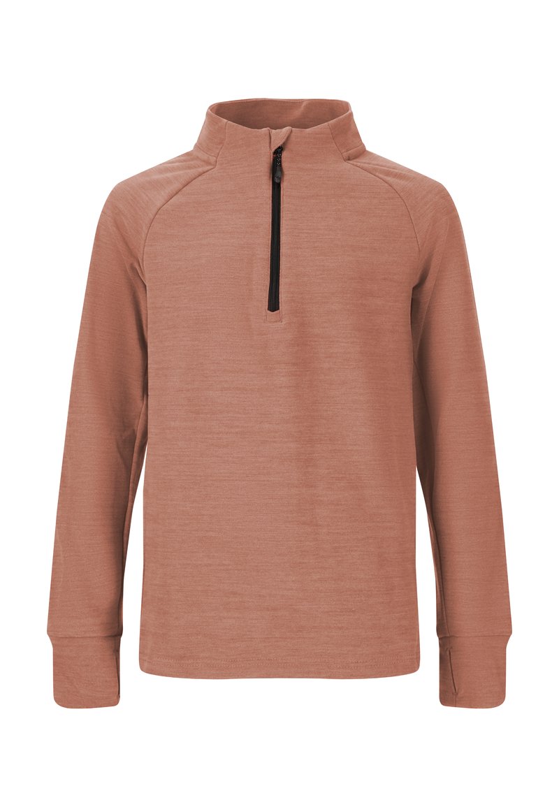 Pitkähihainen neule vaaleanruskeana, jossa on puolivetoketju edessä, raglan-hihat ja pehmeä, rakenteellinen kangas.