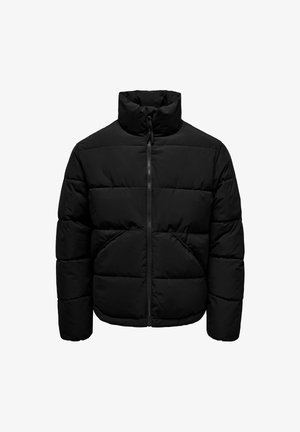 Giacca a vento nera trapuntata con colletto alto, zip frontale, maniche lunghe e due tasche frontali diagonali.