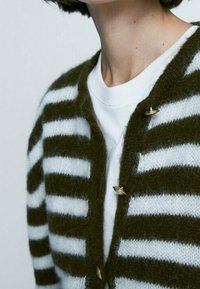 Henkilö, joka pitää yllään vihreä-valkoisraidallista pörröistä neuletakkia valkoisen pyöreäkaula-aukkoisen paidan päällä, näkyen vain kaula ja ylärinta.