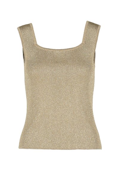 Top de tirantes metálico dorado con escote cuadrado y tirantes anchos, con una silueta ajustada y una textura sutilmente brillante.