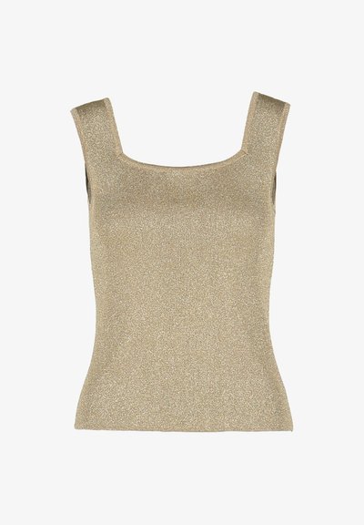 Zelts metālisks adīts topiņš ar kvadrātu dekoltē un platu plecu siksnām, ar pieguļošu siluetu un smalku mirdzošu tekstūru.