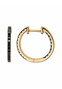 Złote kolczyki w kształcie kół z czarnymi kryształowymi akcentami, okrągły kształt i zapięcie na zawias umożliwiające łatwe zakładanie.