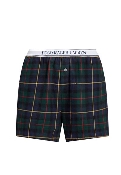 Kárované trenýrky v tmavě zelené, modré, červené a žluté barvě s bílým elastickým pasem, na kterém je modrý nápis "POLO RALPH LAUREN". Zapínání na knoflíky.