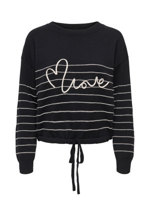 Black long-sleeve sweater with white horizontal stripes, white "love" text with heart design, and adjustable drawstring hem at the waist.