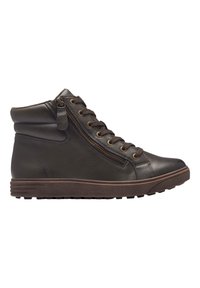 Scarpe sneakers alte di colore marrone scuro, realizzate in pelle, con cavigliera imbottita, zip laterale e suola in gomma testurizzata. Sistema di allacciatura semplice con occhielli in metallo.