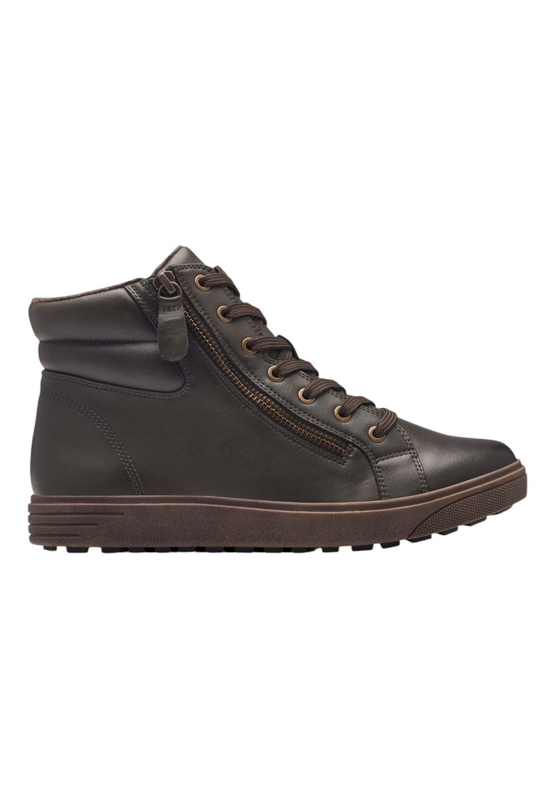 Scarpe sneakers alte di colore marrone scuro, realizzate in pelle, con cavigliera imbottita, zip laterale e suola in gomma testurizzata. Sistema di allacciatura semplice con occhielli in metallo.
